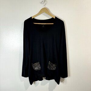LOGO Lori Goldstein Shirt M Tunic Black Long Sleeve Sequin Pockets Jersey